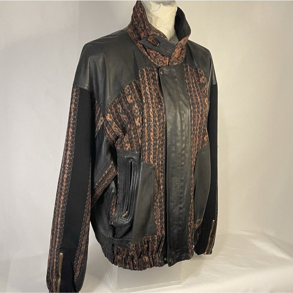 Vintage Black Leather Boho Moto Jacket Santa Fe Textile Womens Large Lined Biker